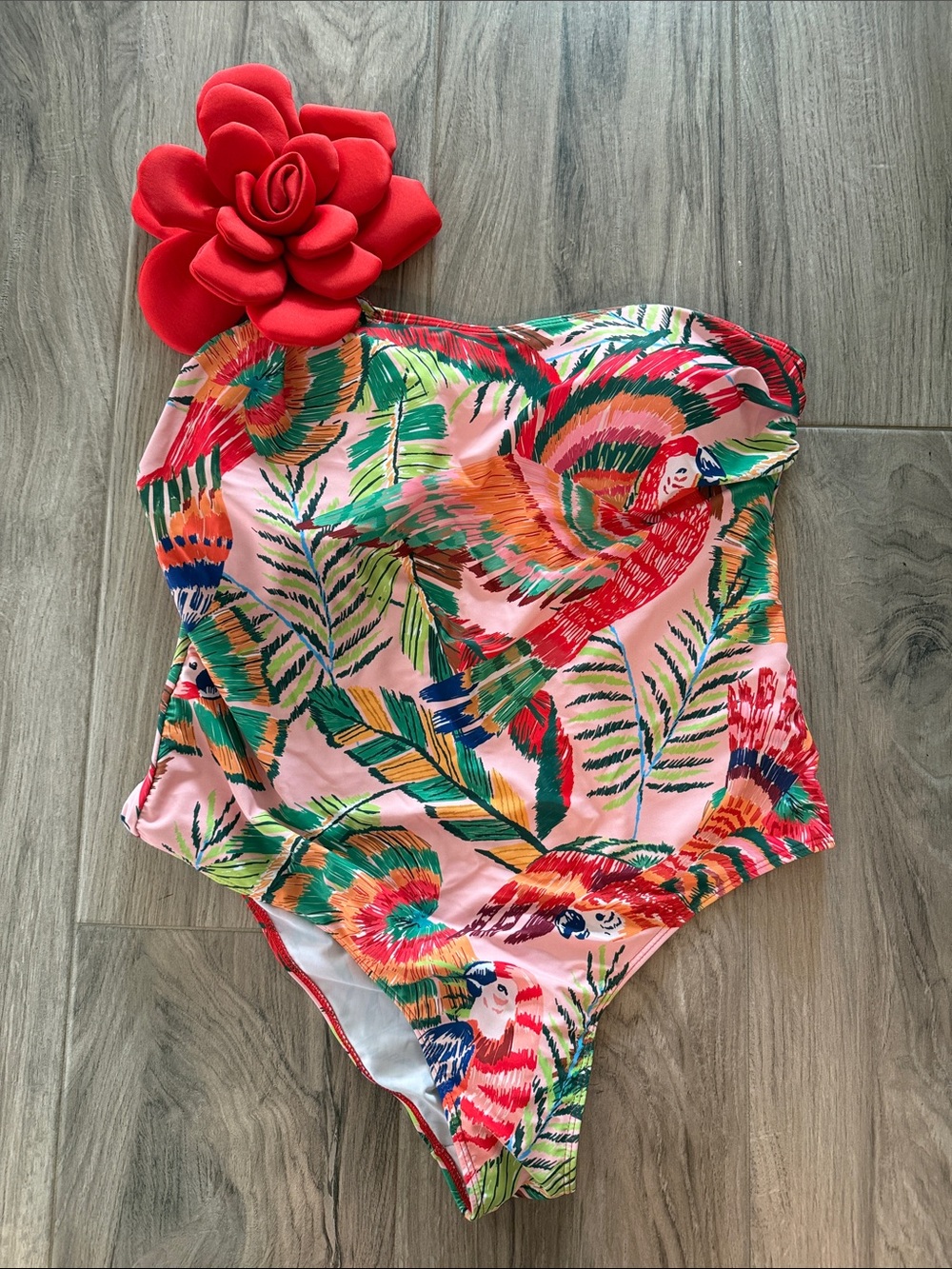 Women’s Pink Tropical Parrot One-Piece Swimsuit with Floral Accent with sarong